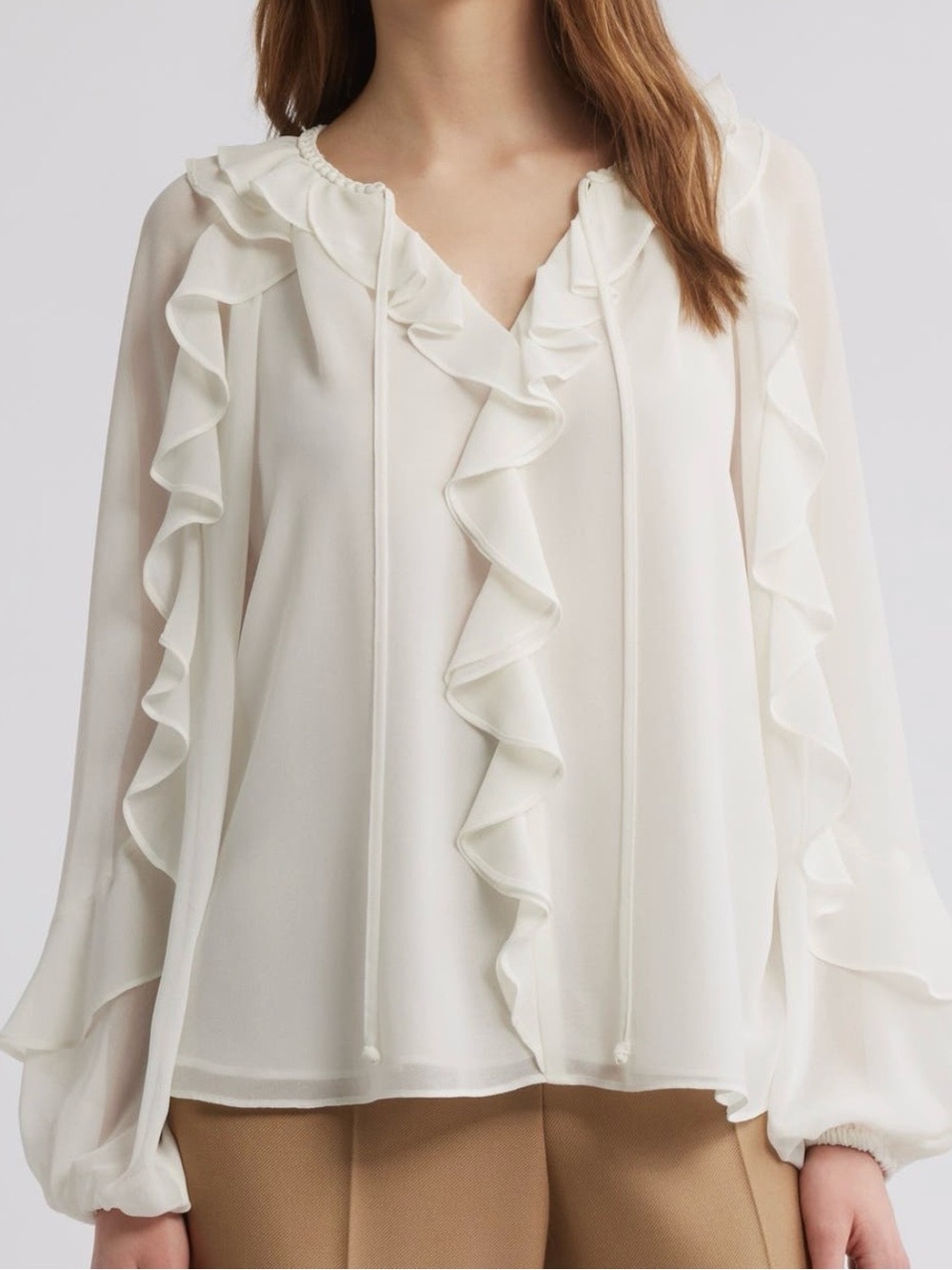 NWT Kobi Halperin Cream Ruffle Tie-Neck Blouse